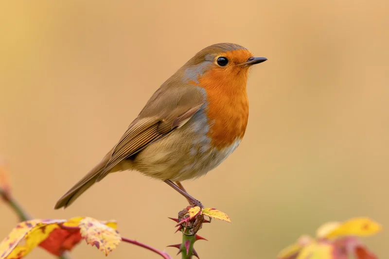 European robin perched upright on a thorny rose stem with autumn foliage in the background