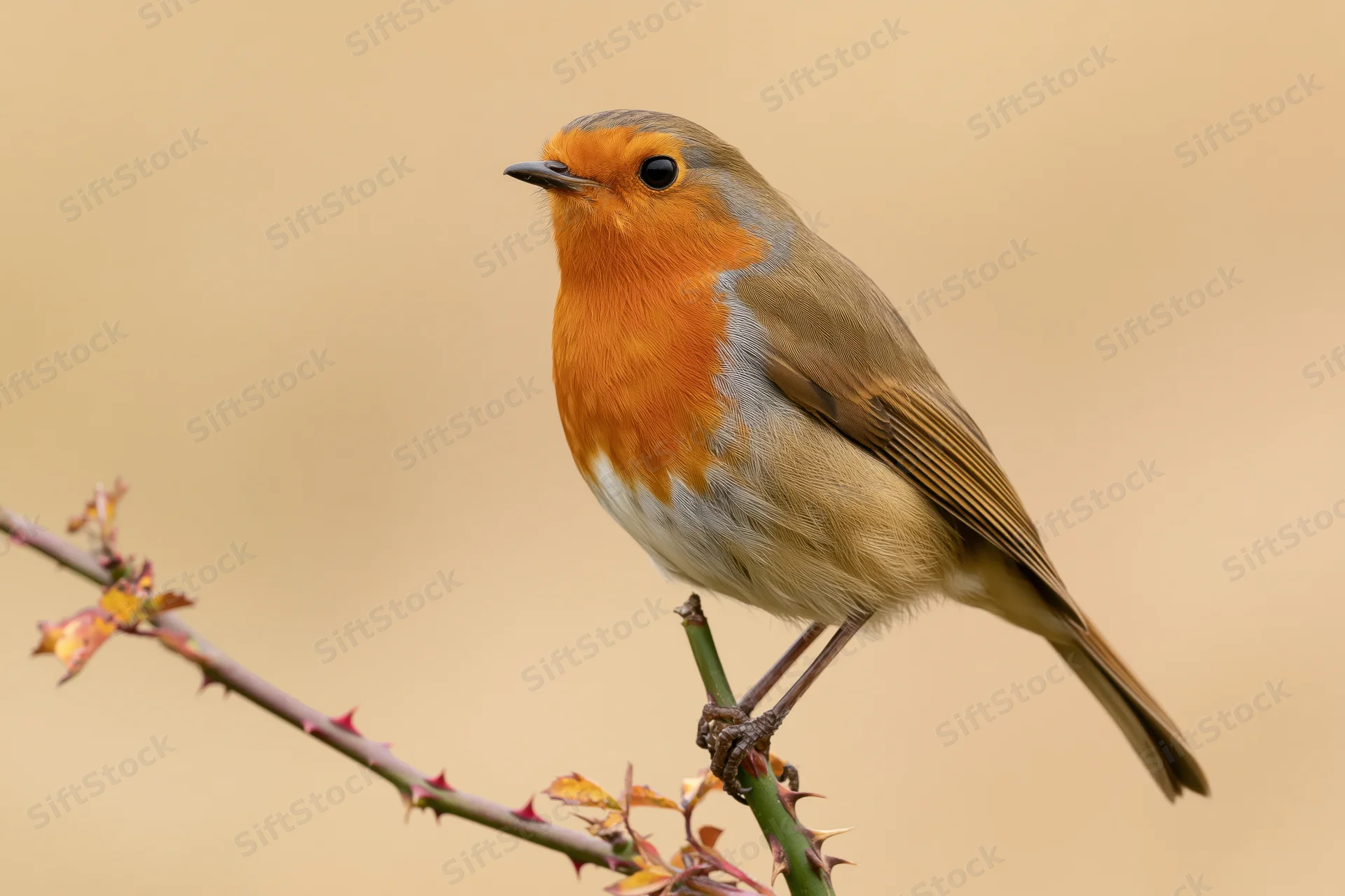 European robin perched upright on a thorny rose stem in a natural outdoor setting