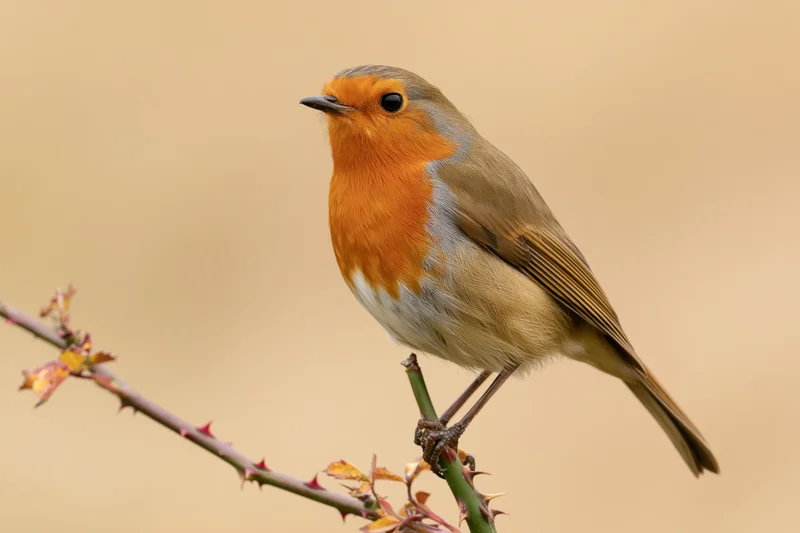 European robin perched upright on a thorny rose stem in a natural outdoor setting