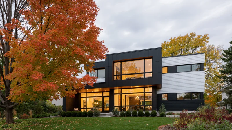 Modern two-story house with black and white facade and large glass windows surrounded by autumn trees and green lawn