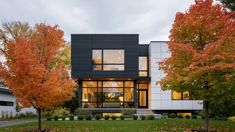 Modern two-story house with black and white facade and large glass windows surrounded by autumn trees