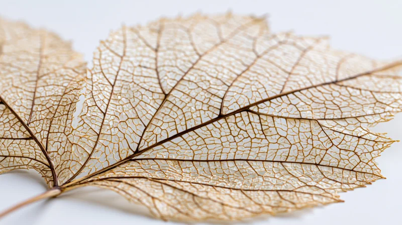 Dried skeleton leaf with intricate vein pattern on white background