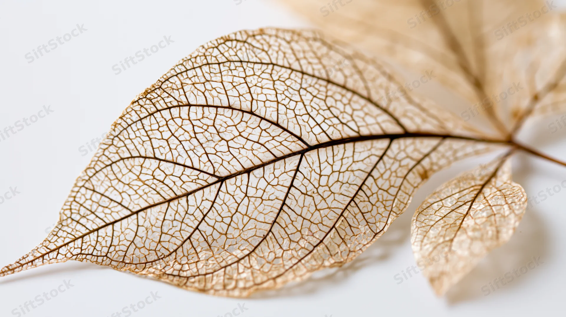 Dried skeleton leaf with visible vein network on white background