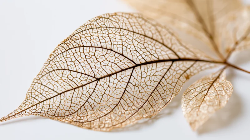Dried skeleton leaf with visible vein network on white background