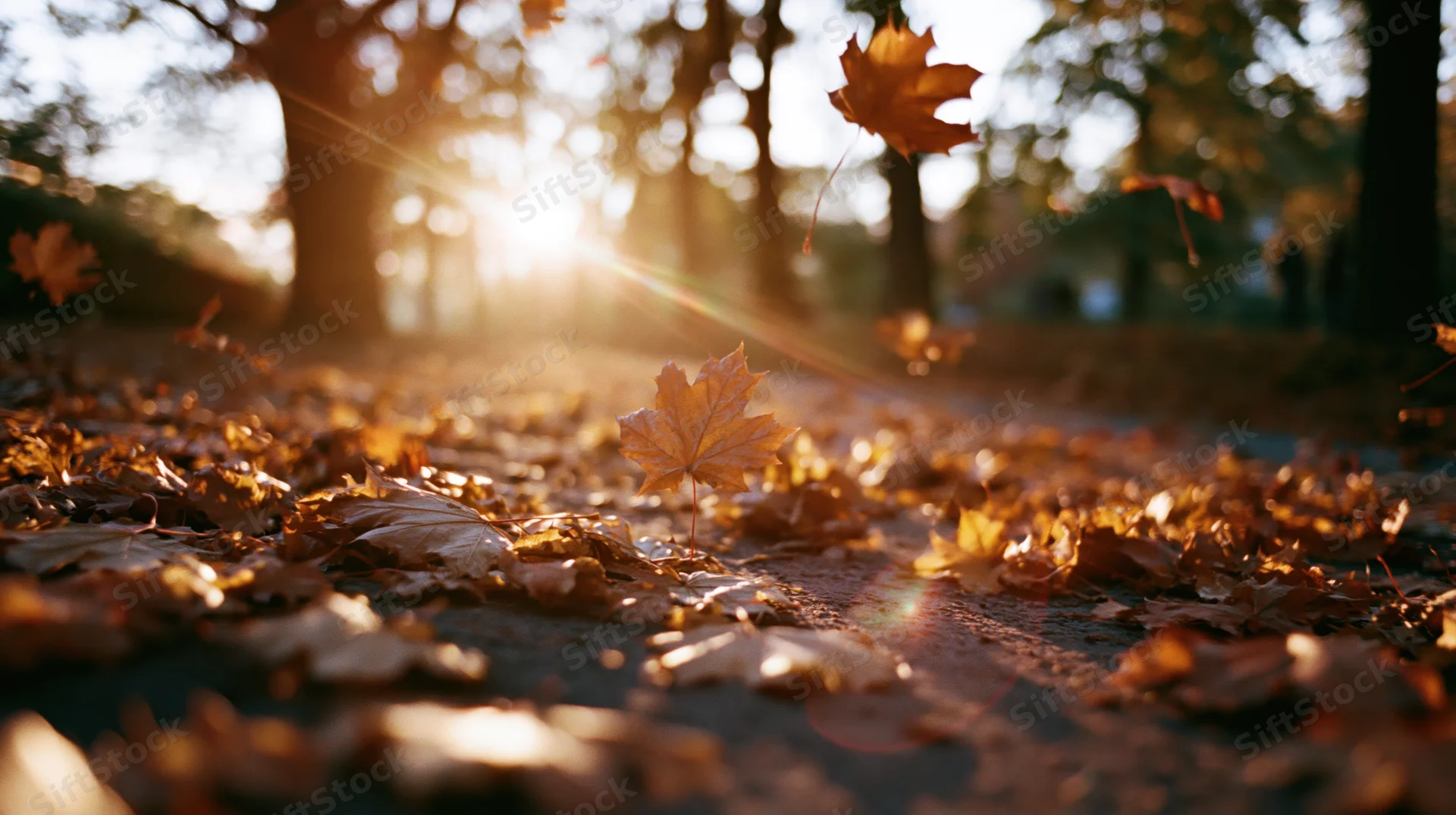 Golden maple leaves scattered on a park pathway with sunlight filtering through trees