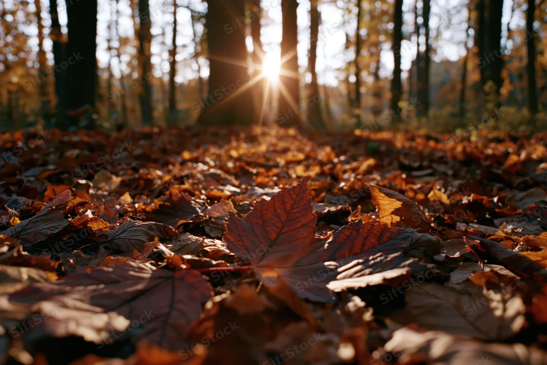 Fallen autumn leaves covering forest floor with sunlight filtering through trees