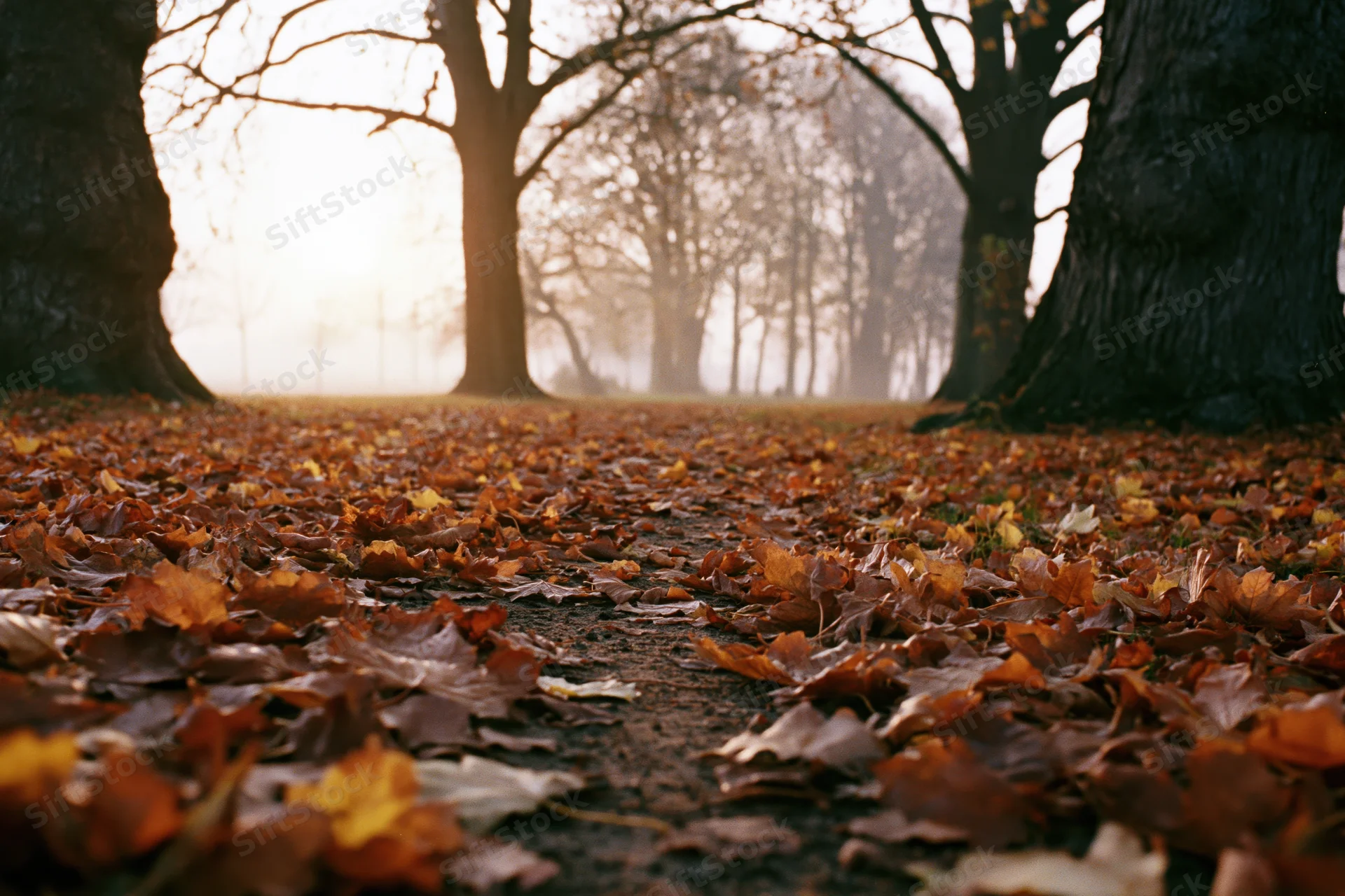 Autumn leaves covering a park path between bare trees in misty morning light