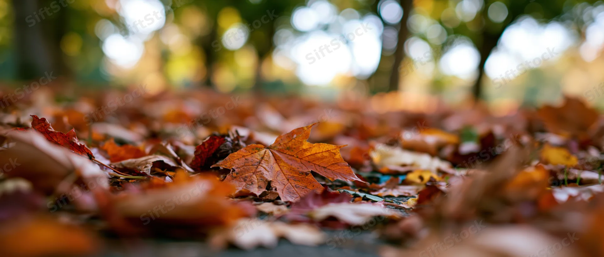 Fallen autumn leaves covering a park path viewed from ground level