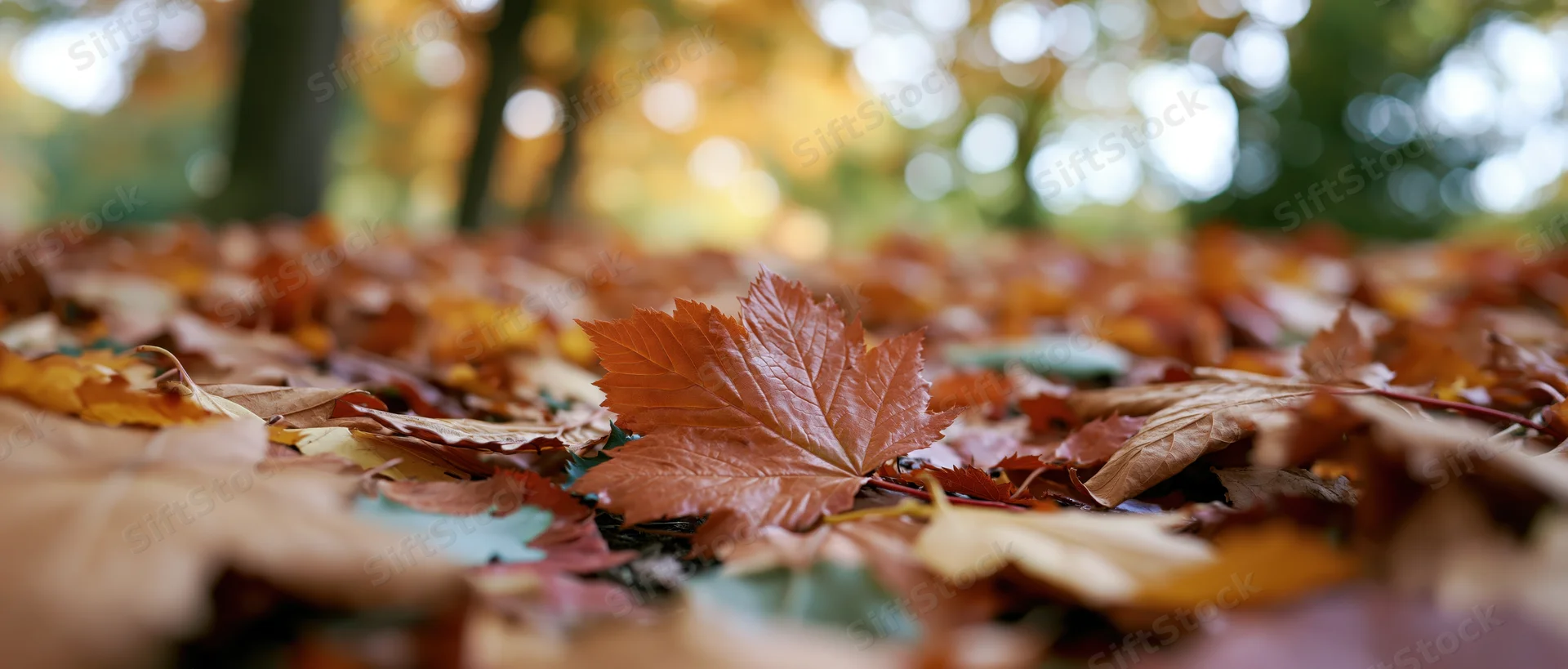 Fallen autumn leaves covering a park path at ground level