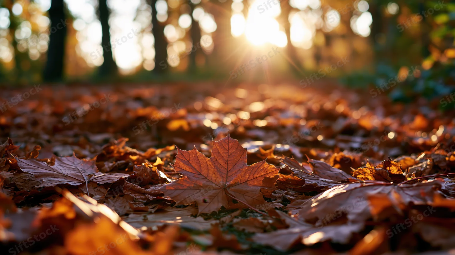 Fallen autumn leaves covering a forest path at ground level with sunlight filtering through trees