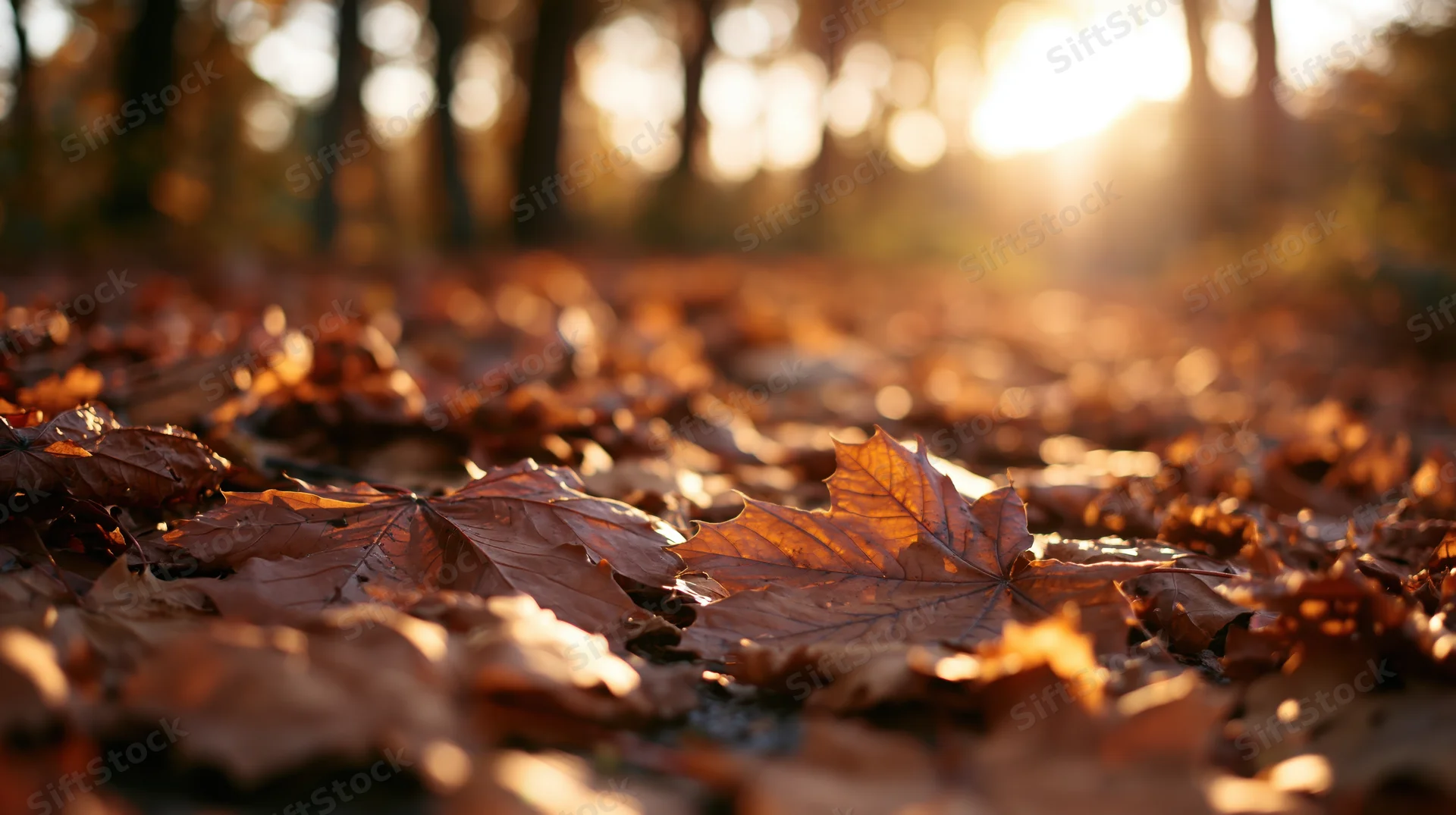 Fallen autumn leaves covering a forest path at ground level with sunlight filtering through trees