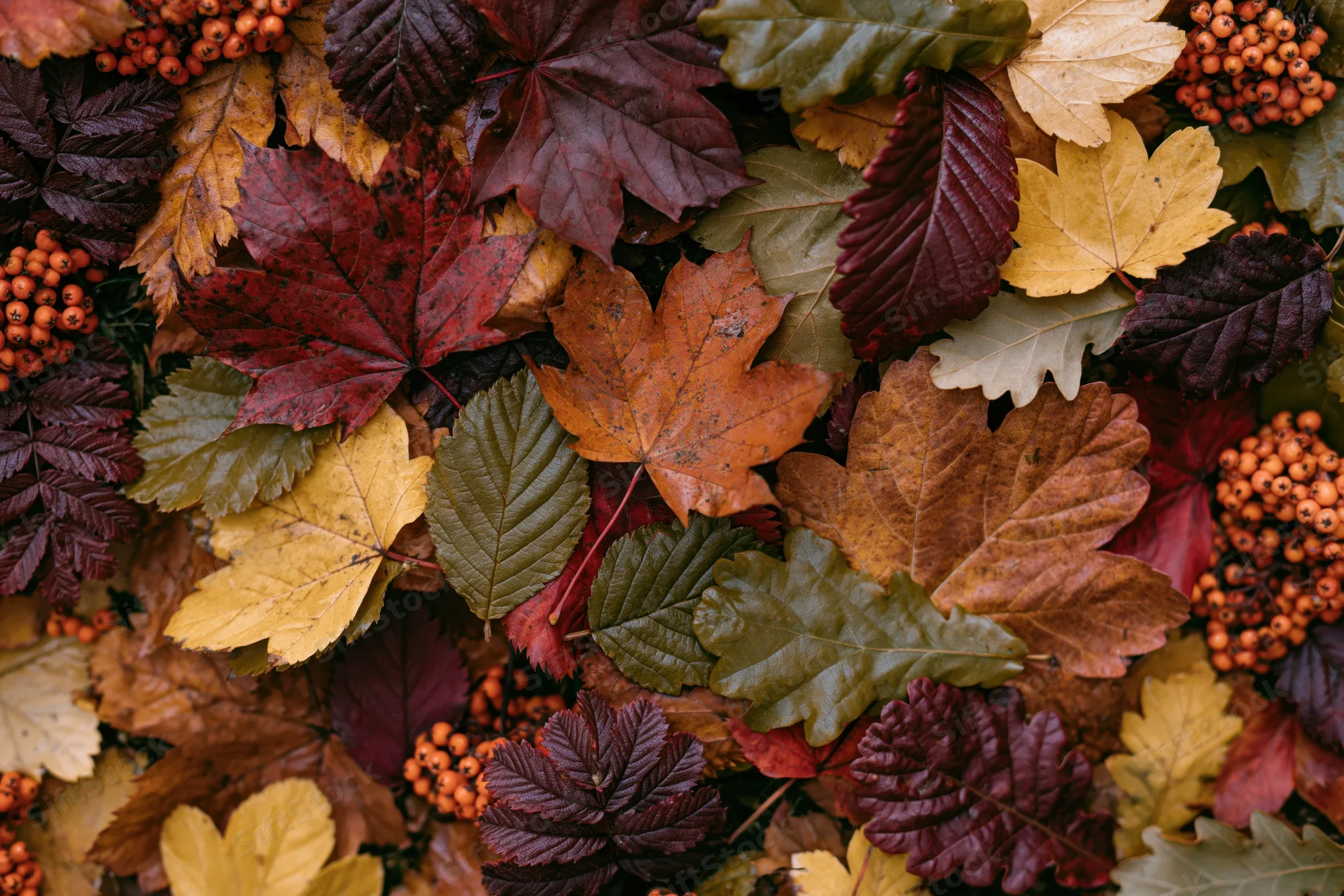 Autumn leaves and berries arranged in a dense flat-lay on the ground