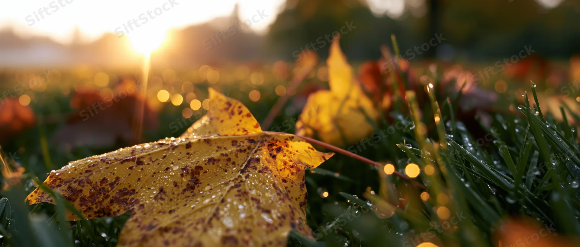 Fallen autumn leaves with dew on grass at sunrise in a park