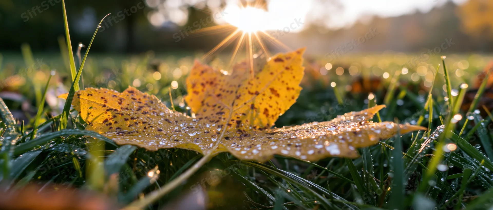 Golden autumn leaf with dew resting on green grass at sunrise