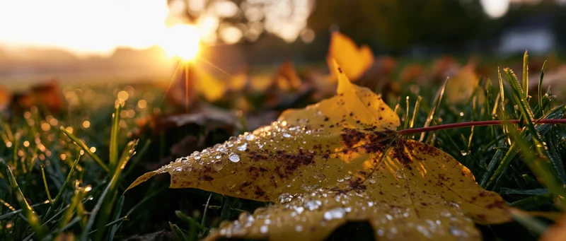 Golden autumn leaf with dew resting on green grass at sunrise