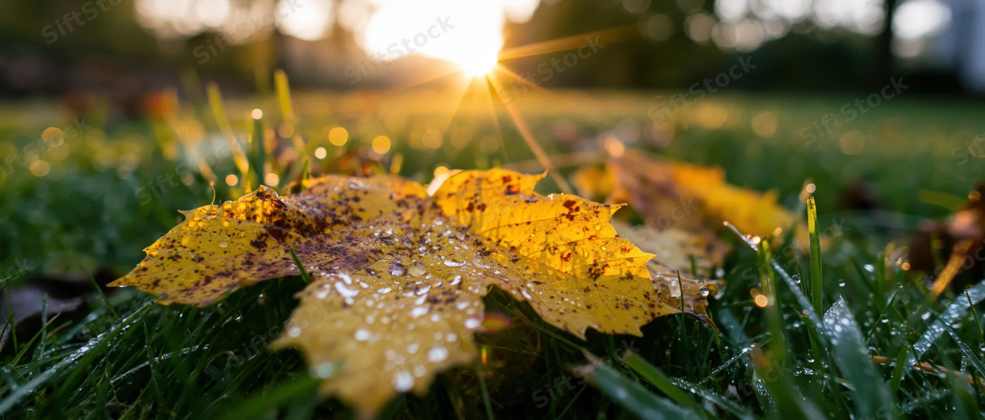 Yellow autumn leaf with dew resting on green grass at sunrise in a park