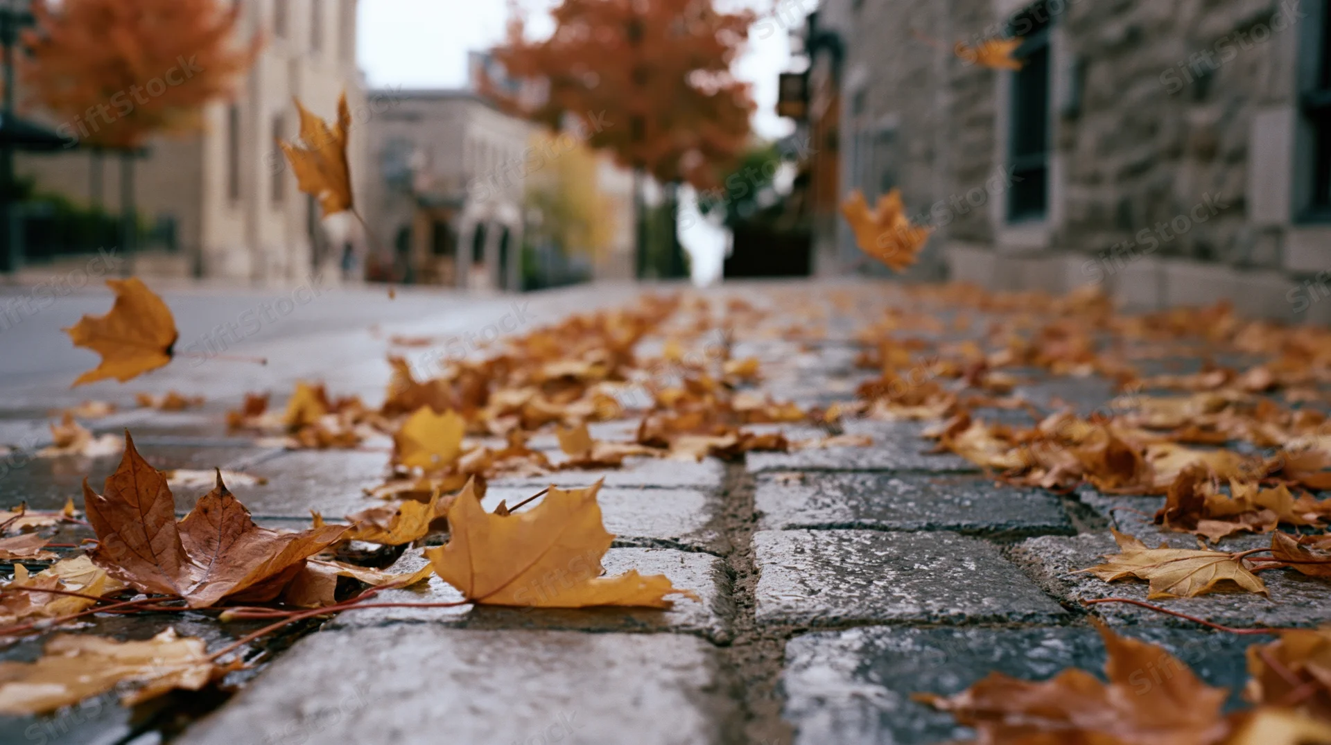 Fallen autumn leaves scattered across wet cobblestone city street
