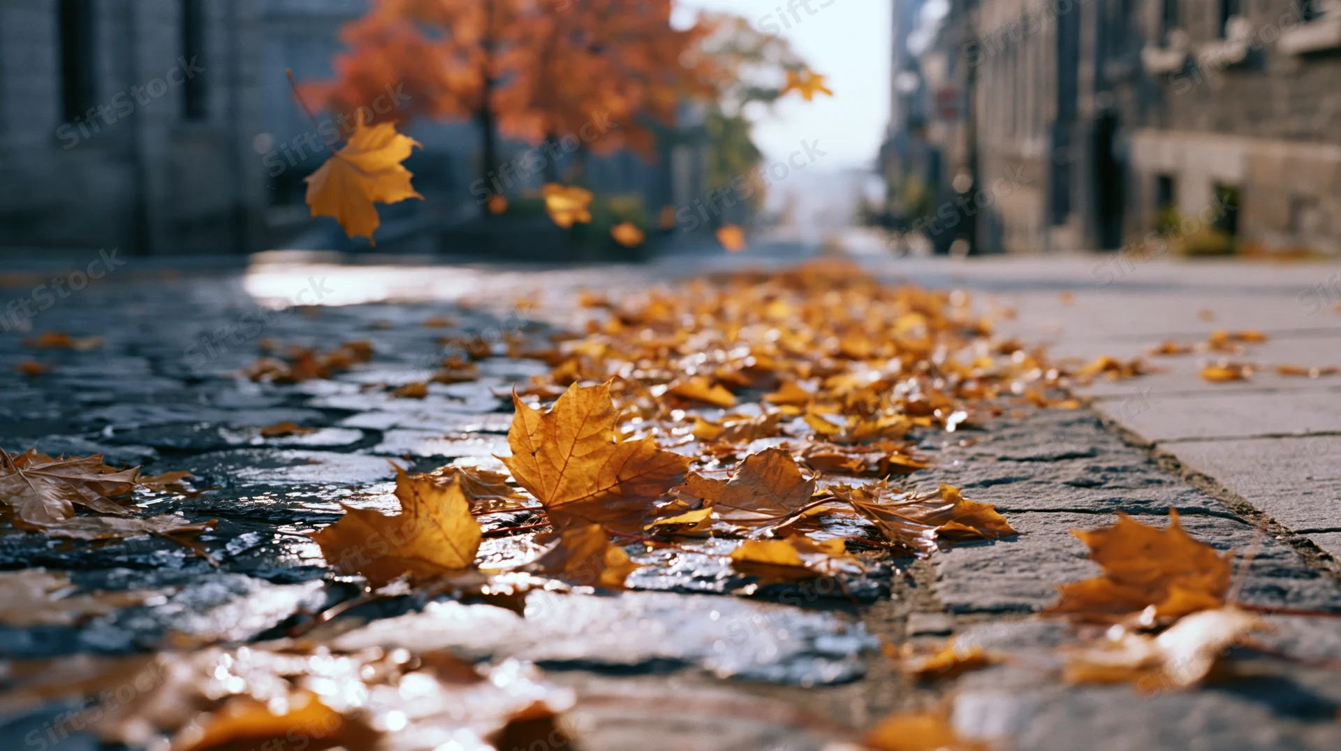 Golden autumn leaves scattered across wet cobblestone city street