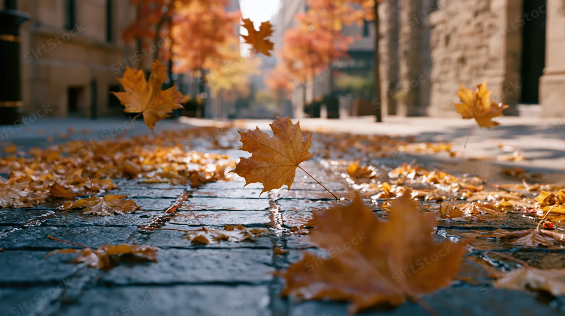 Autumn leaves scattered across wet cobblestone city street