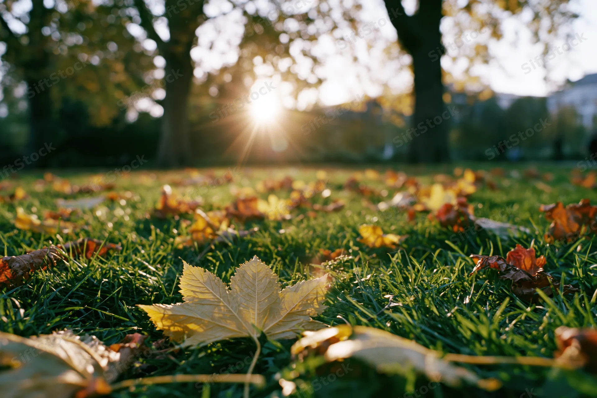 Fallen autumn leaves scattered across green grass in a park at sunrise