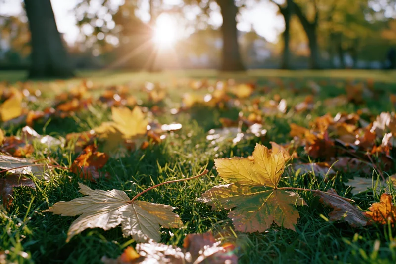 Fallen autumn leaves scattered across green grass in a park with sunlight filtering through trees