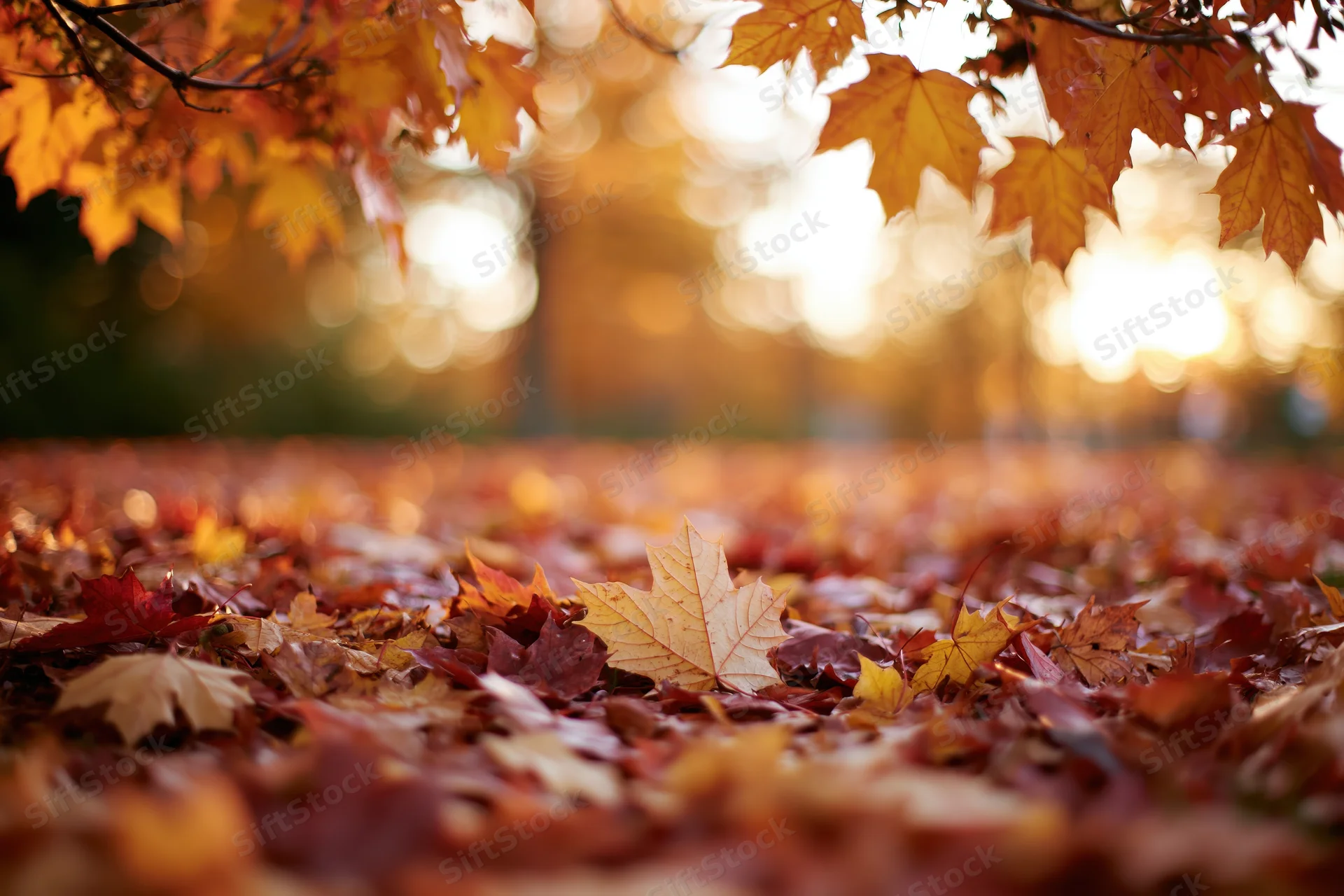 Fallen maple leaves covering the ground in a forest during autumn with sunlight filtering through branches