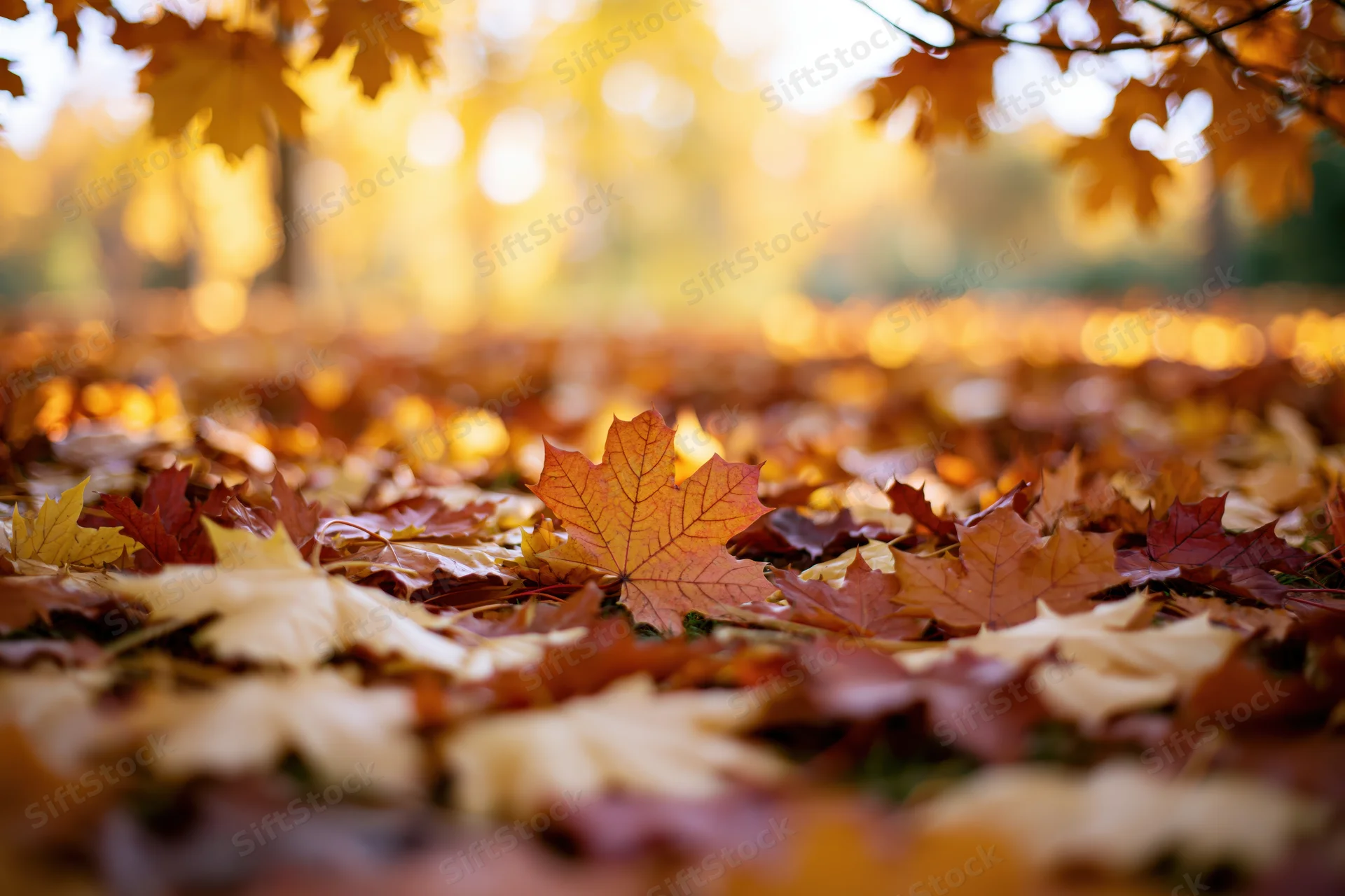 Fallen maple leaves covering the ground in a sunlit autumn forest