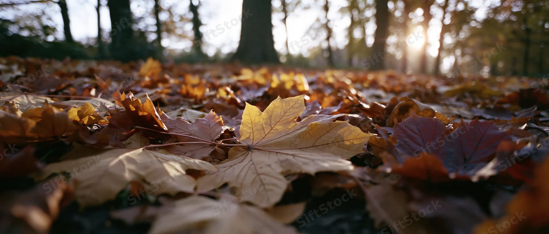 Fallen maple leaves covering forest floor at ground level in autumn sunlight