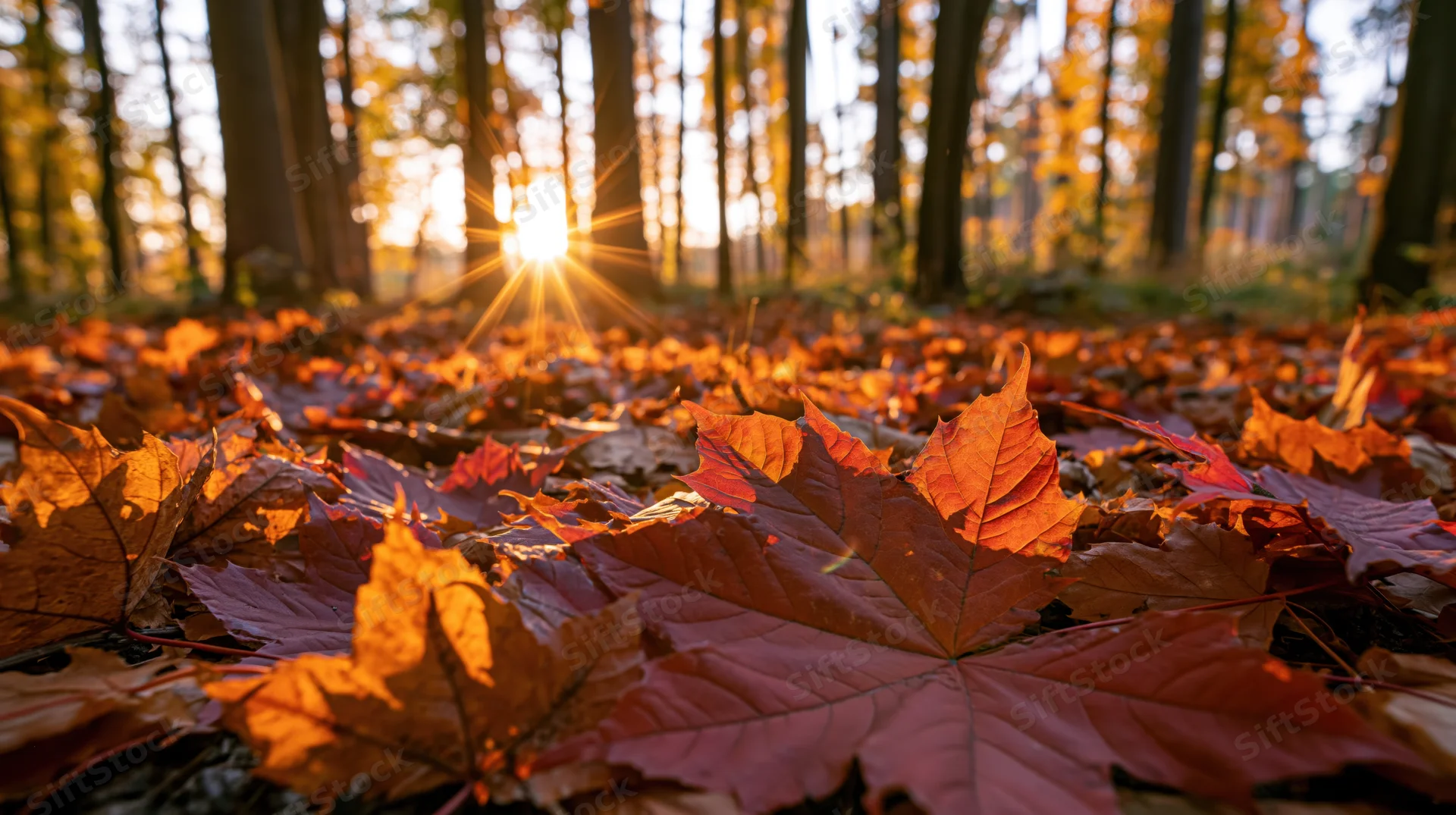 Fallen maple leaves covering forest floor at sunrise, low-angle view with sun rays through trees