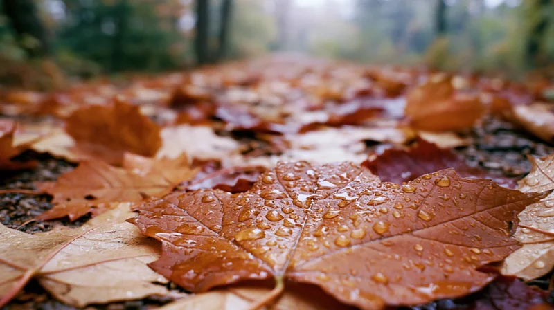Wet maple leaves scattered on forest ground after rain