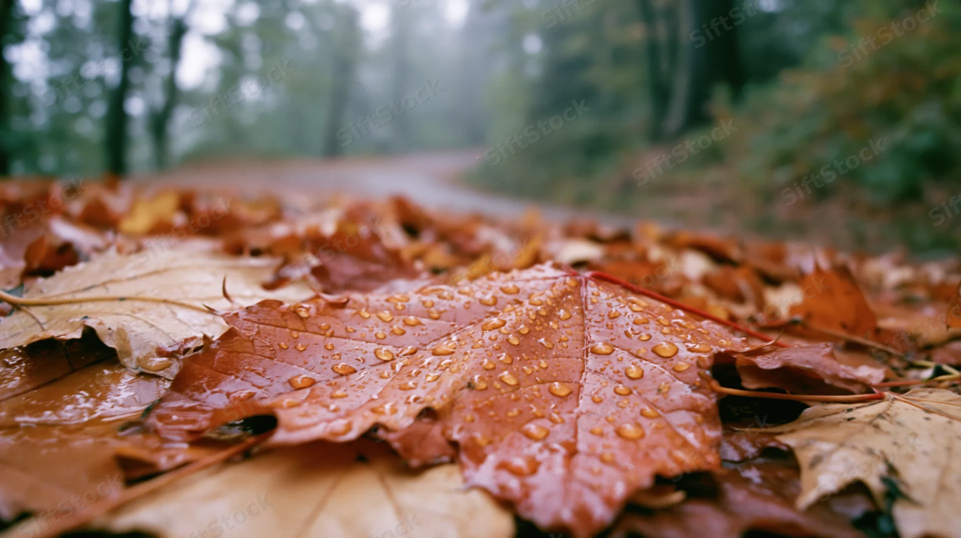 Wet autumn maple leaves scattered on forest ground after rain