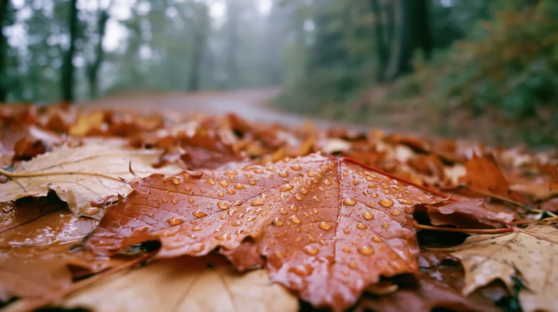 Wet autumn maple leaves scattered on forest ground after rain