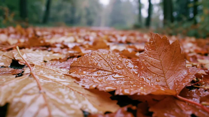 Wet maple leaves covering forest ground after rain