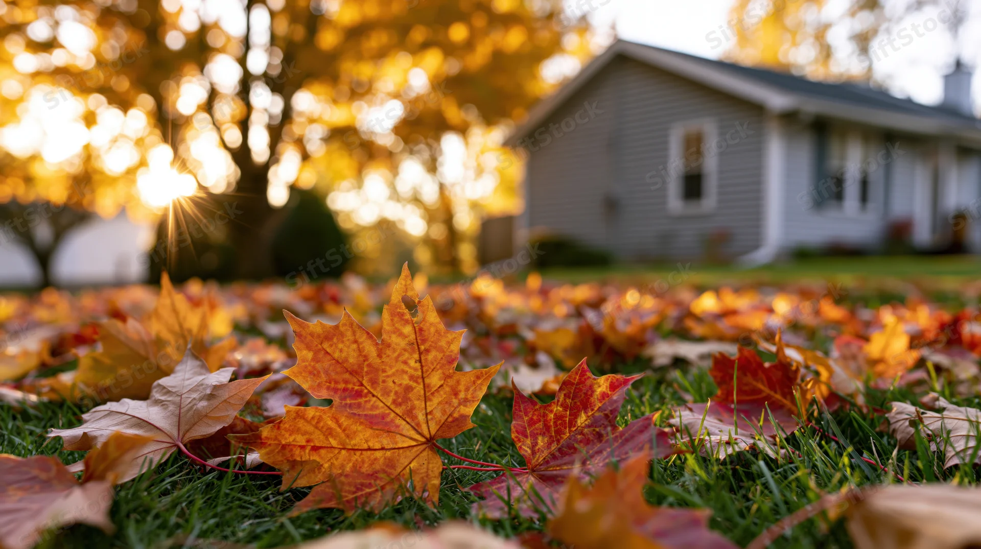 Fallen maple leaves scattered across a suburban lawn with a house in the background during autumn sunset