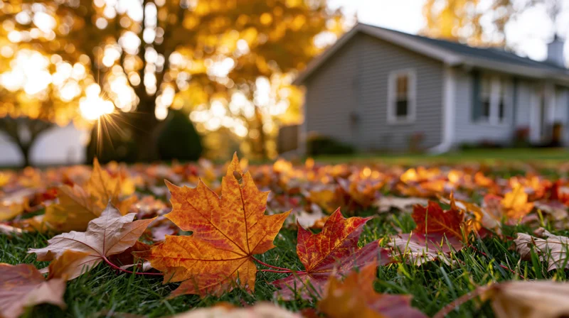 Fallen maple leaves scattered across a suburban lawn with a house in the background during autumn sunset