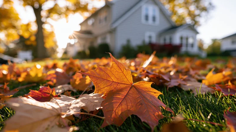 Fallen maple leaves scattered across a suburban lawn in front of a house