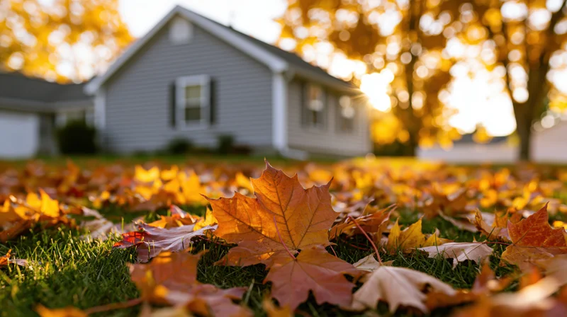 Fallen maple leaves covering a suburban lawn with a house in the background during autumn