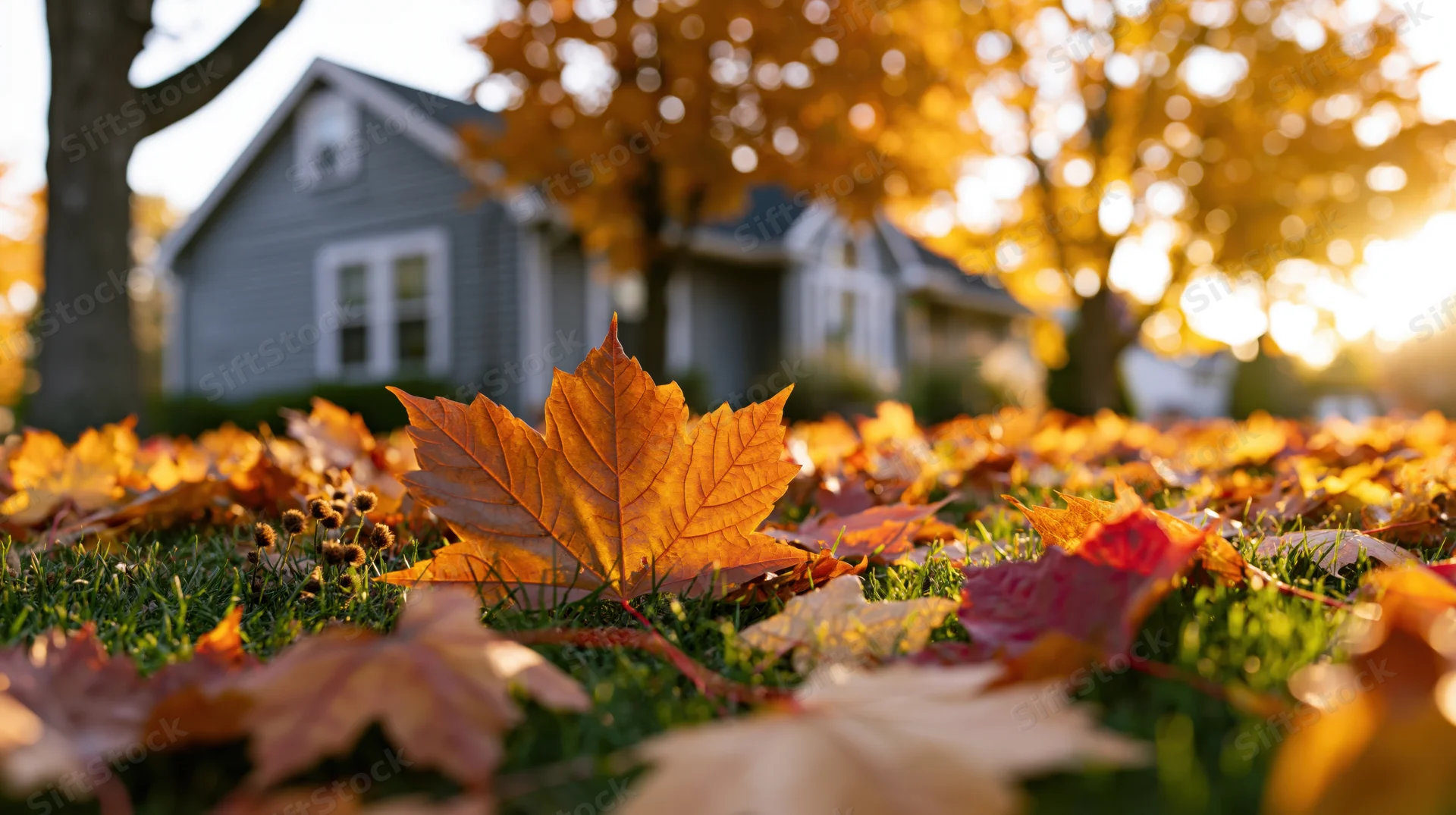 Fallen maple leaves scattered across a suburban lawn with a house in the background during autumn