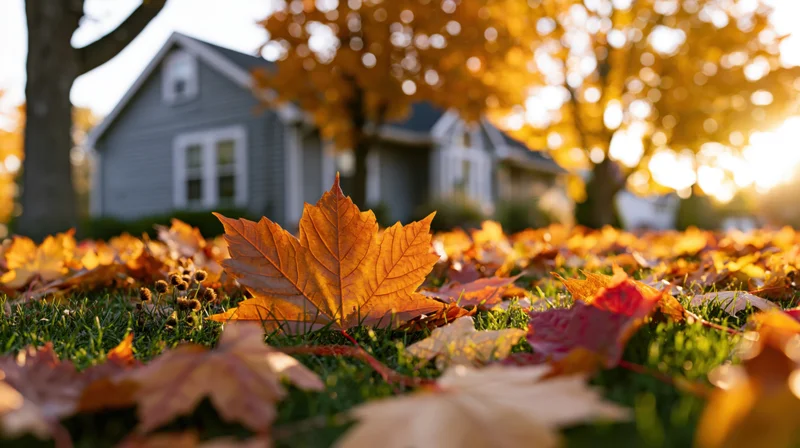 Fallen maple leaves scattered across a suburban lawn with a house in the background during autumn