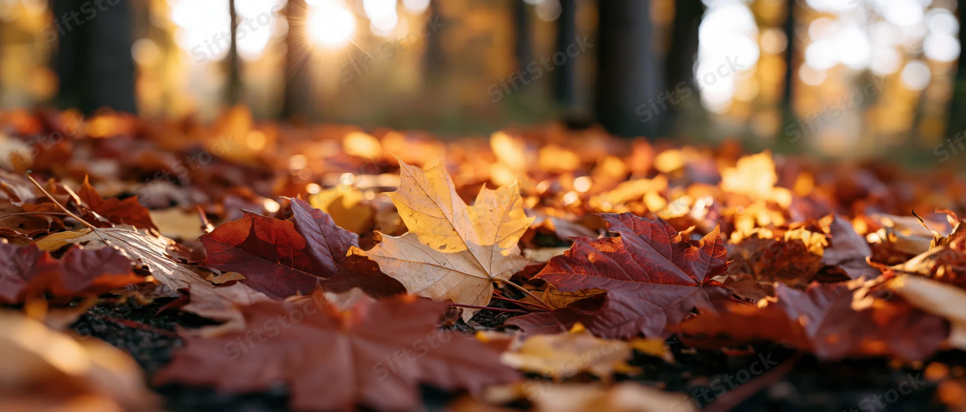Fallen maple leaves scattered across forest floor in autumn sunlight