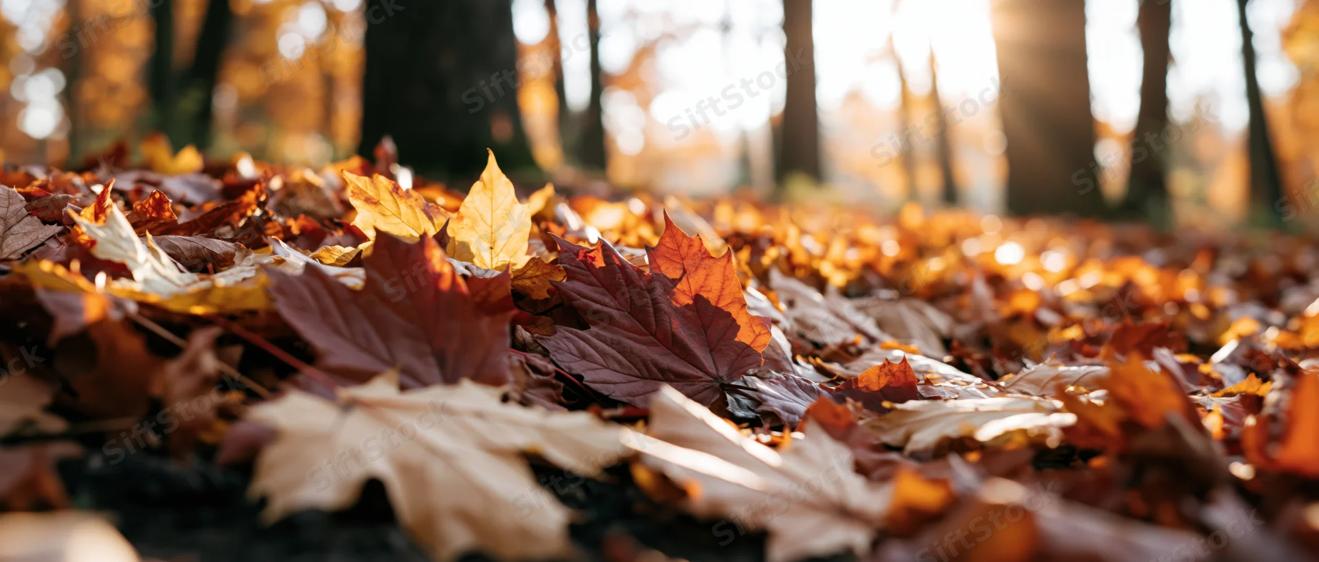 Fallen maple leaves scattered across forest floor in autumn sunlight