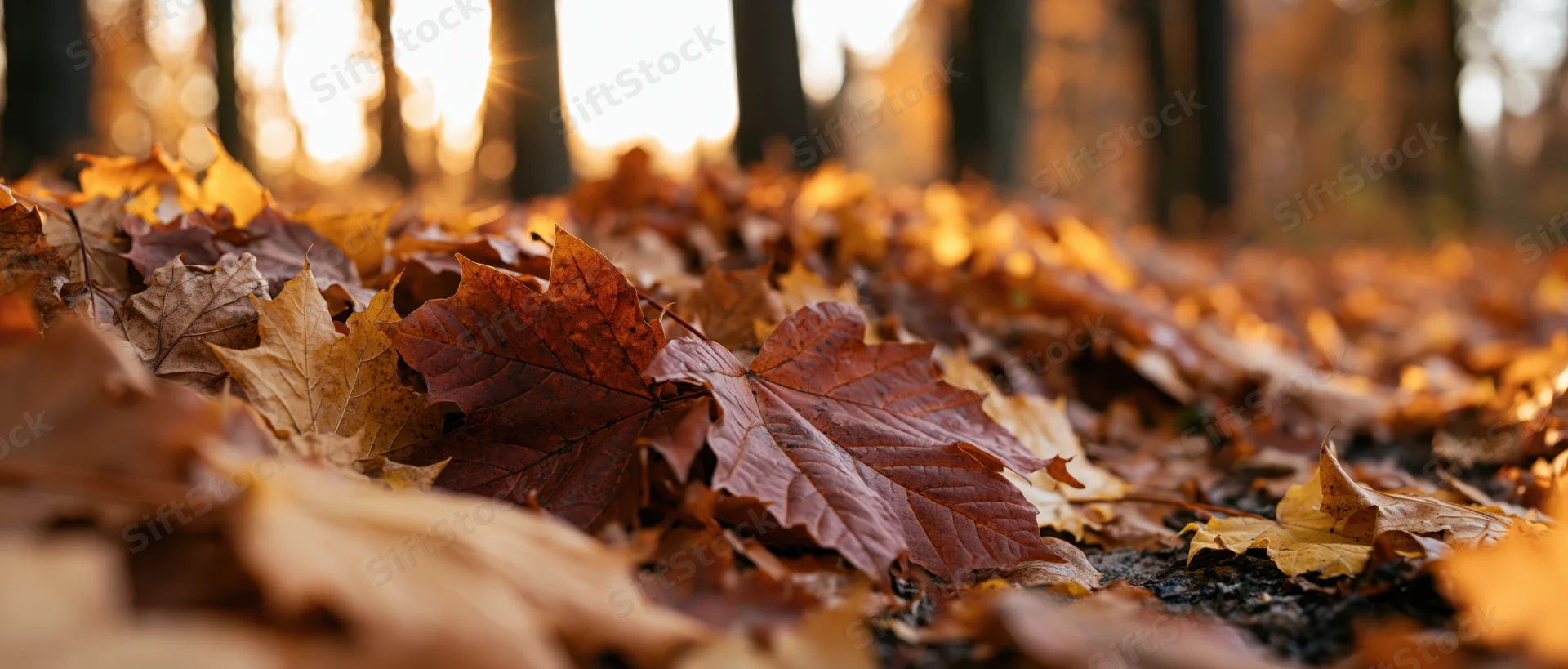 Fallen maple leaves covering forest floor in autumn sunlight