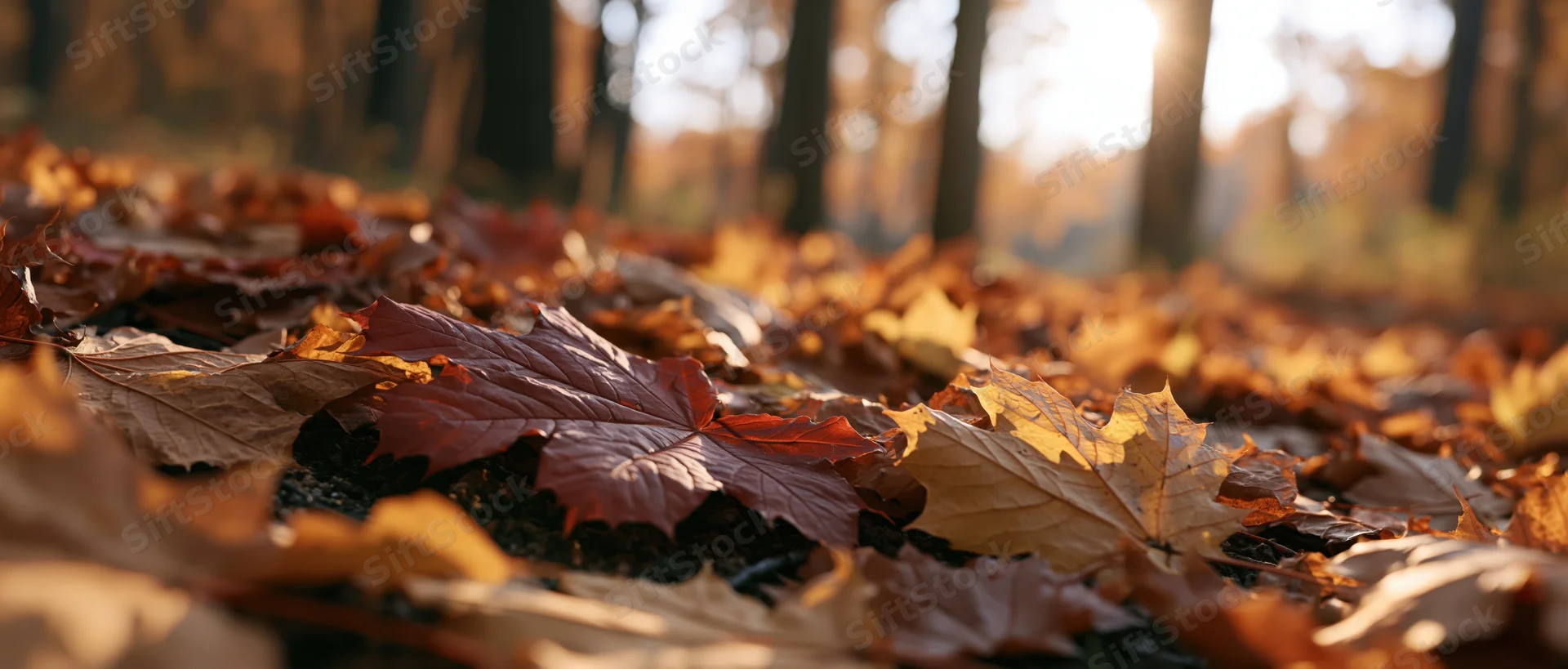 Fallen maple leaves scattered across forest floor in autumn sunlight