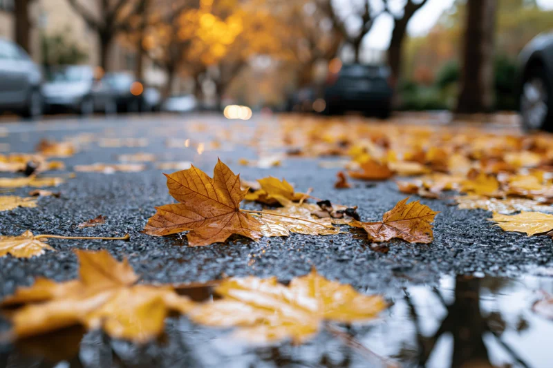 Fallen maple leaves scattered on wet asphalt pavement in an urban street setting