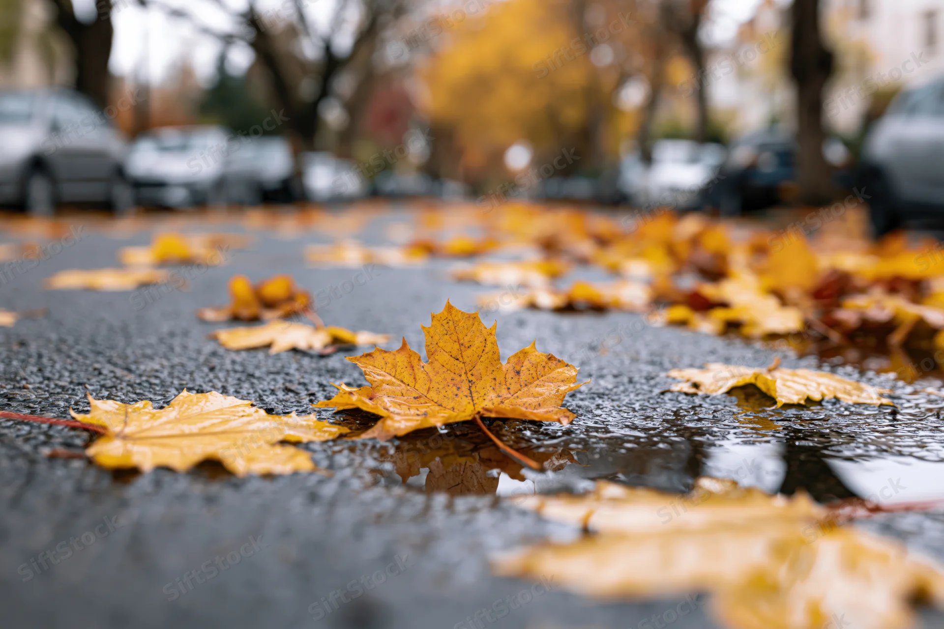Fallen maple leaves scattered on wet asphalt pavement in an urban street setting