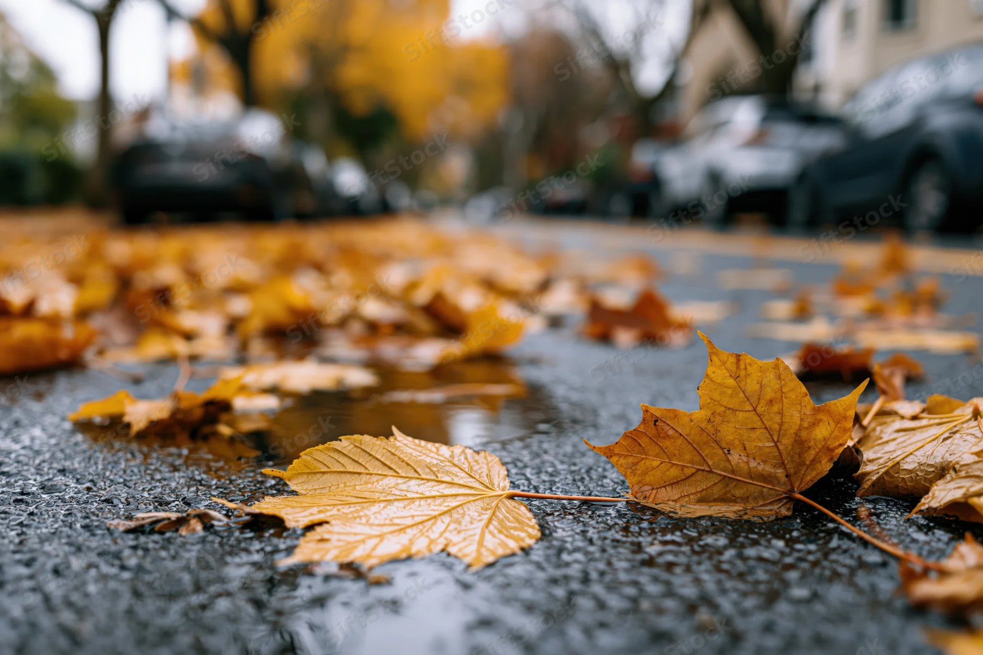 Golden maple leaves scattered on wet asphalt pavement in an urban street
