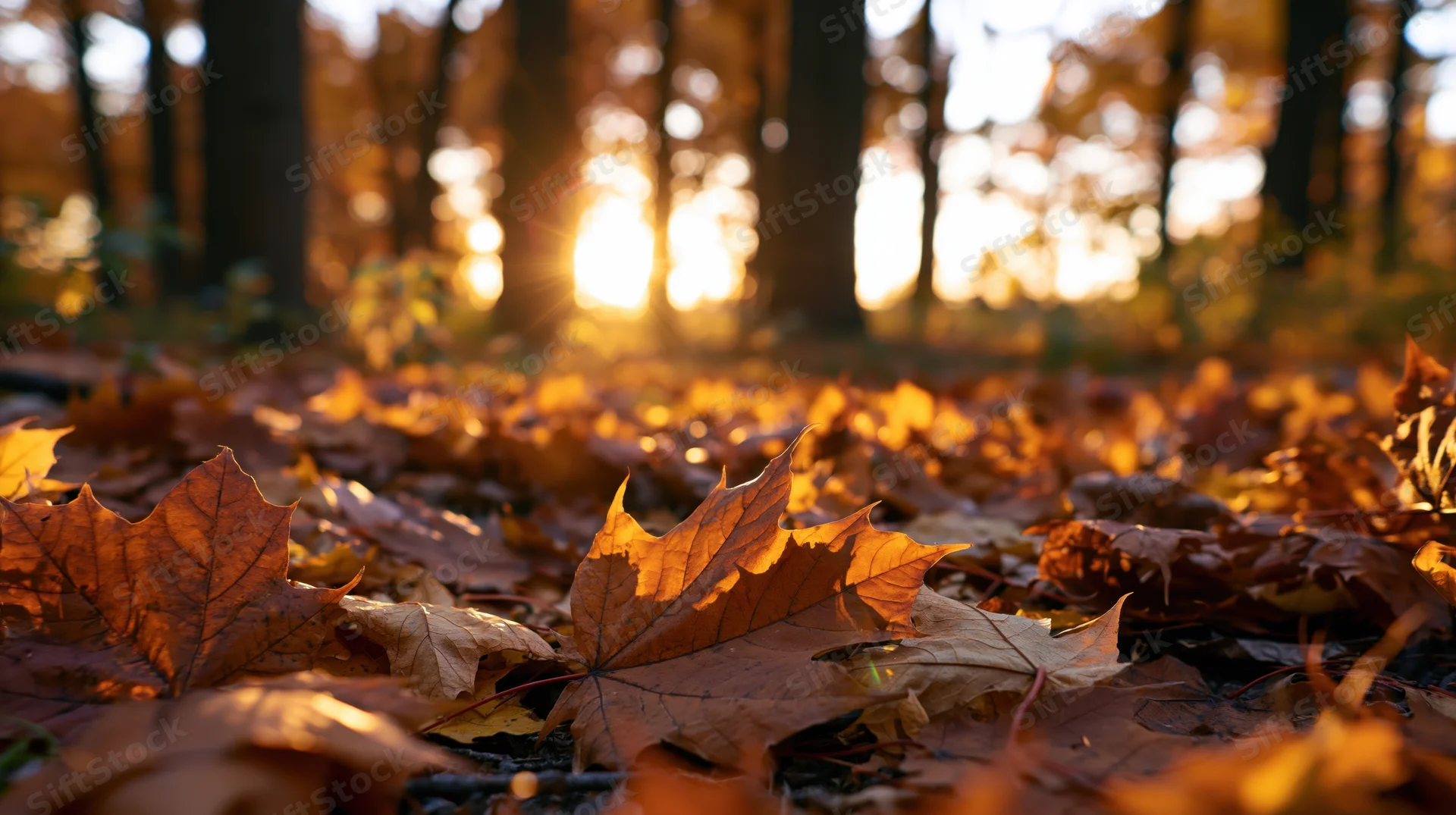 Fallen maple leaves carpeting forest floor in autumn sunlight