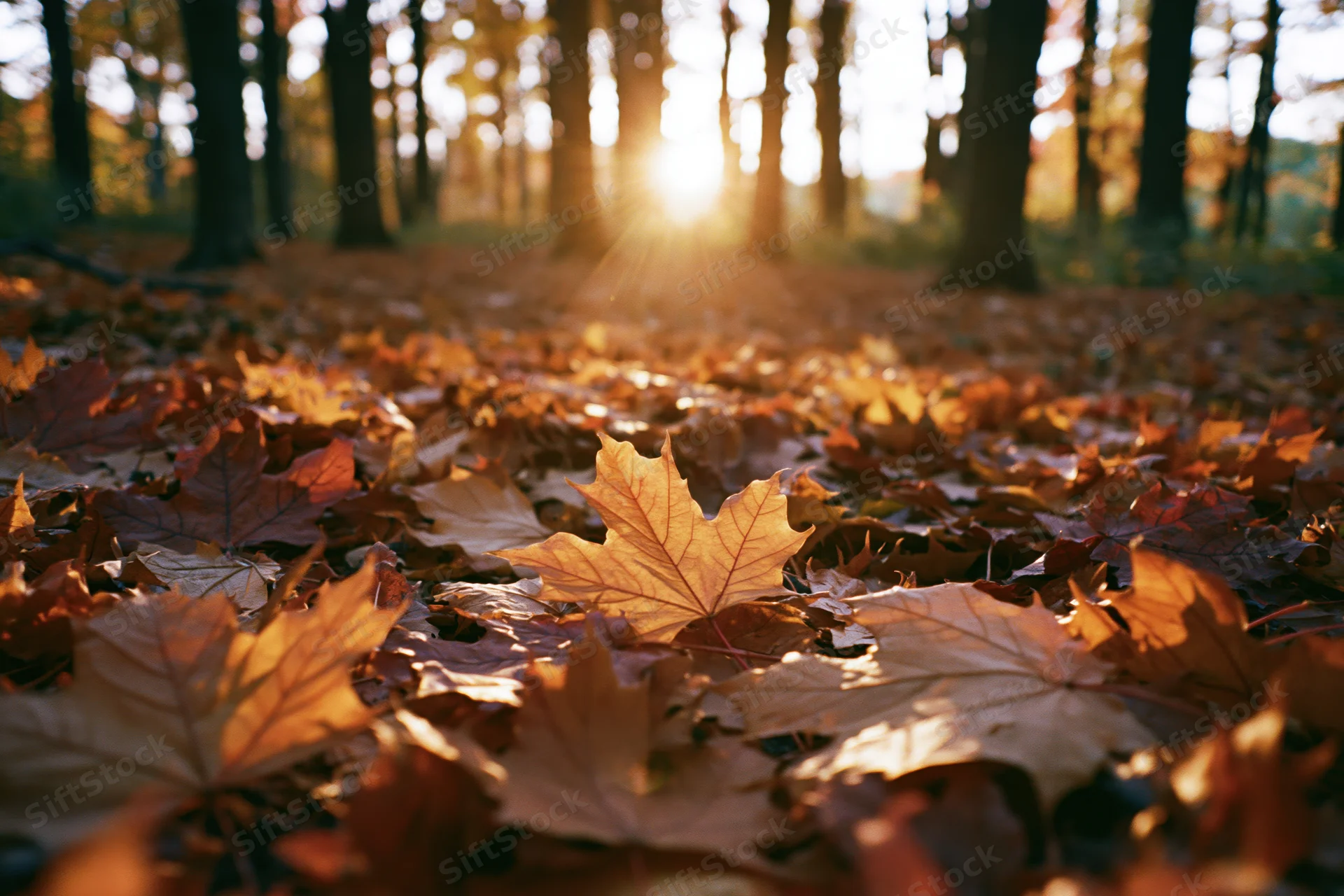 Fallen maple leaves covering forest floor in autumn with sunlight filtering through trees