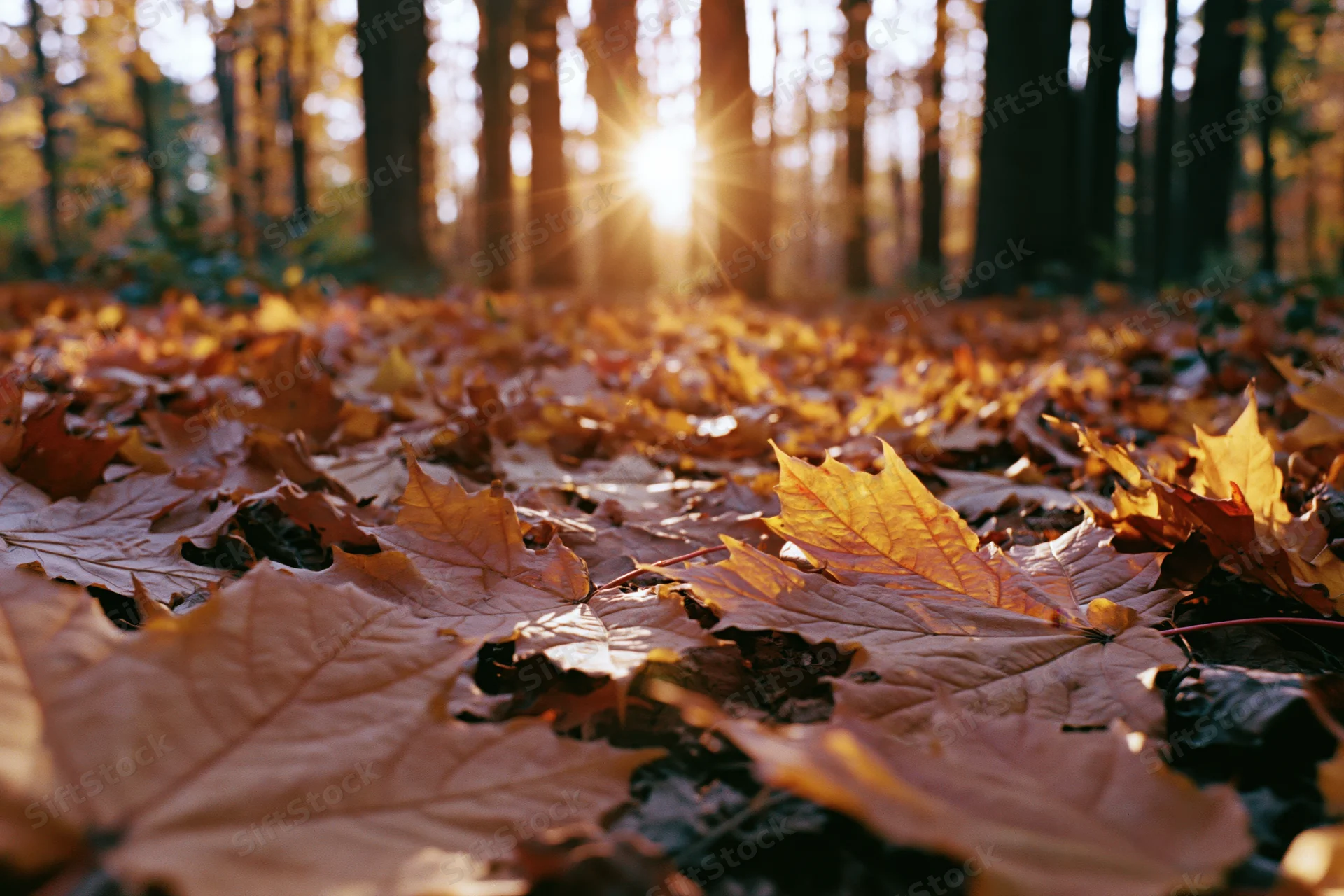 Fallen maple leaves covering forest floor with sunlight filtering through trees in autumn