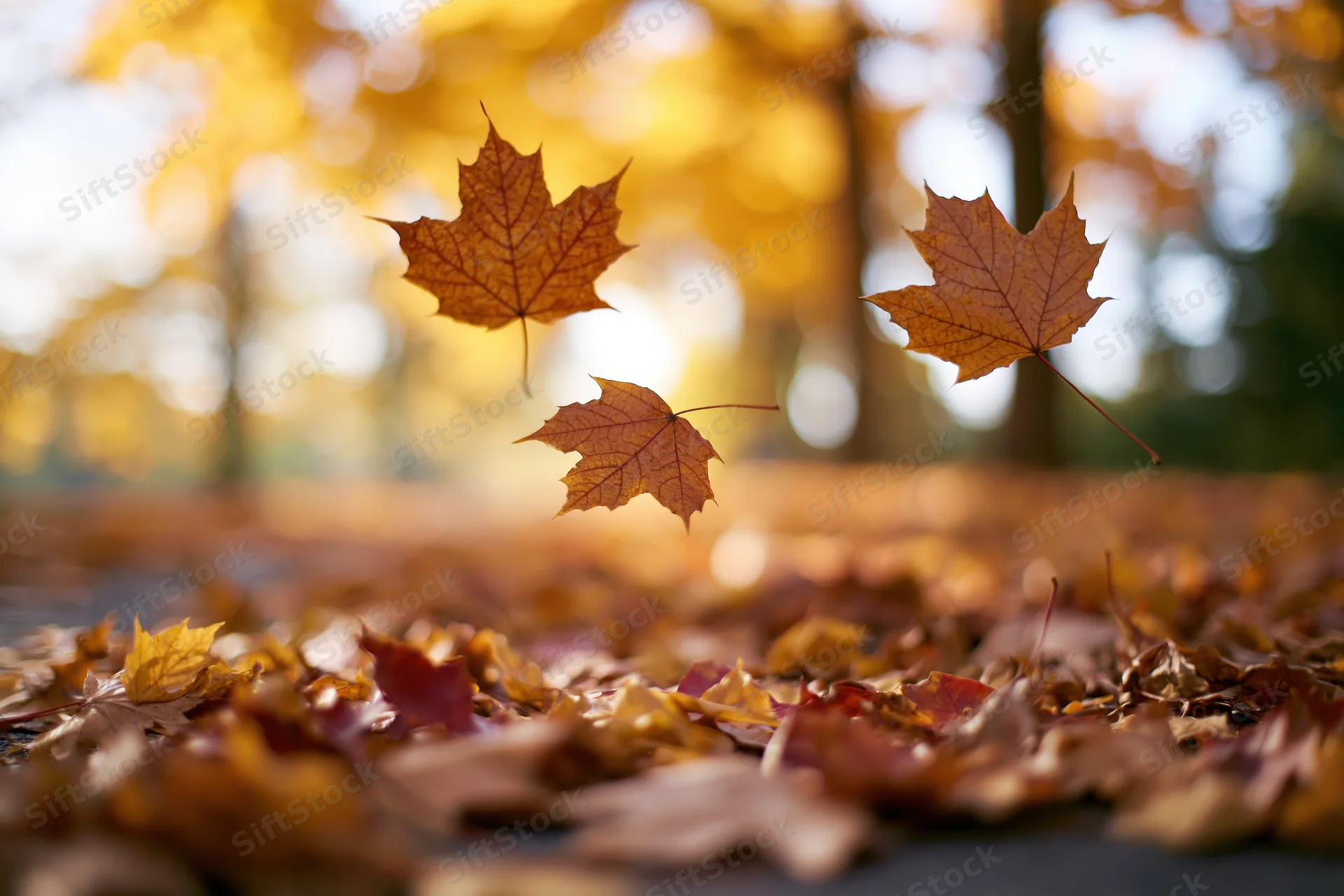 Maple leaves floating above a carpet of fallen foliage on a park path in autumn
